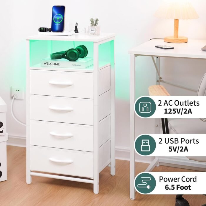 Yoobure Night Stand - LED White Nightstand with Charging Station, Bedside Table ... - Image 6