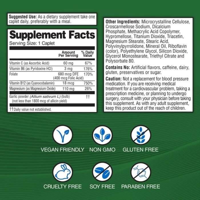 Garlique Garlic Extract Supplement, Healthy Blood Pressure Formula, Odorless & V... - Image 3