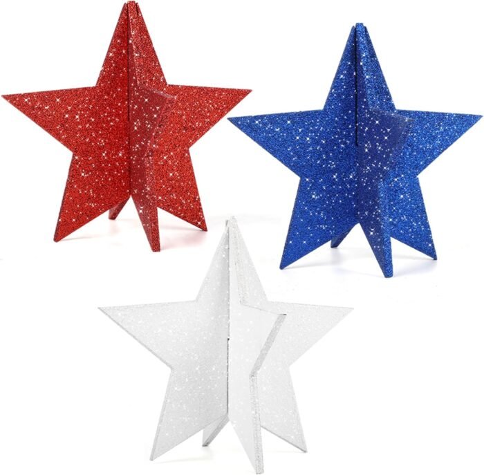 6 Inch Labor Day Decorations Wooden Stars Set, 3D Glitter Star Memorial Day Tier... - Image 2