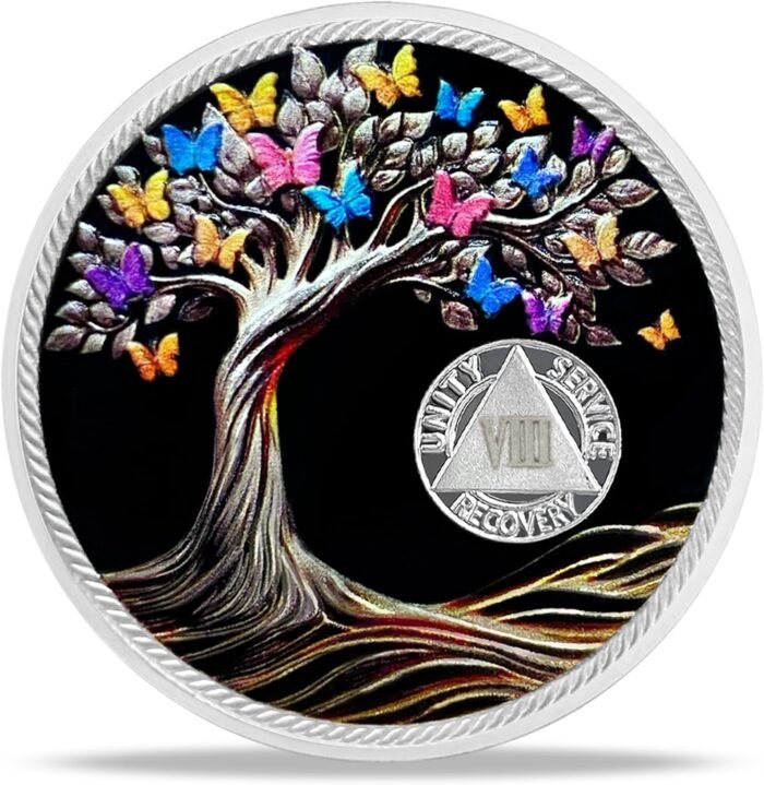 8 Year Sobriety Chip Coin Gift l Tree of Life Butterfly AA Medallion with Sereni... - Image 2
