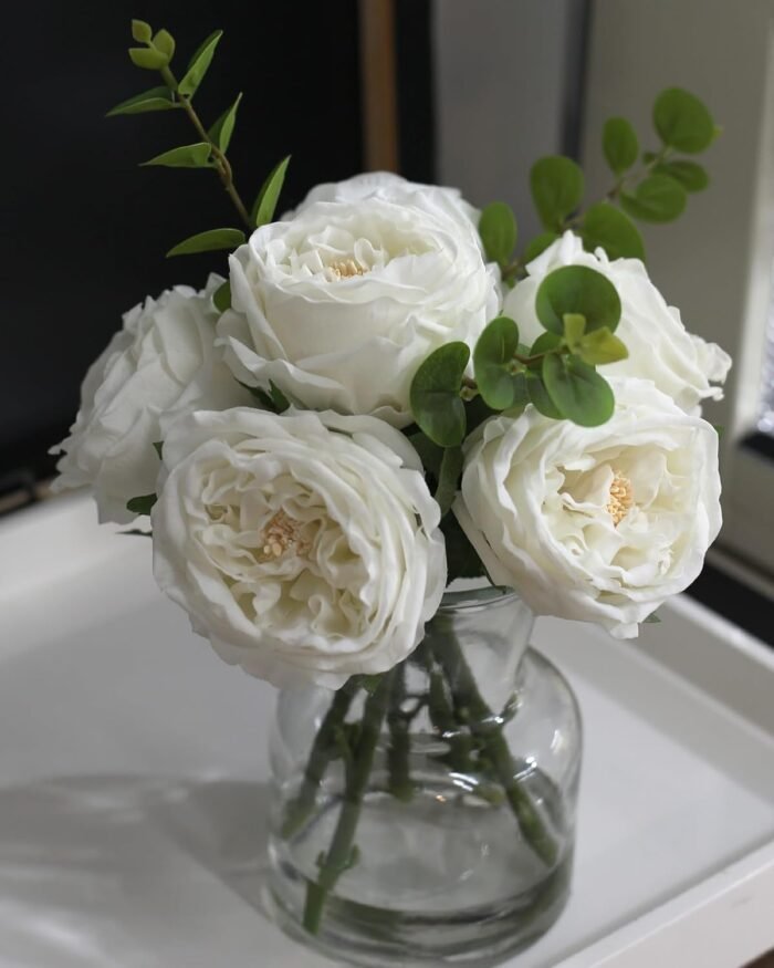 Artificial Flowers with White Roses in Vase, Fix Lifelike Fake Flowers in Vase w... - Image 2