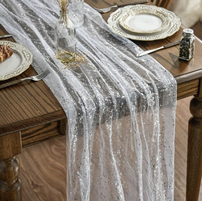 Artoid Mode White Silver Gauze Table Runner 120 Inch 10FT, Glitter Metallic Foil... - Image 2