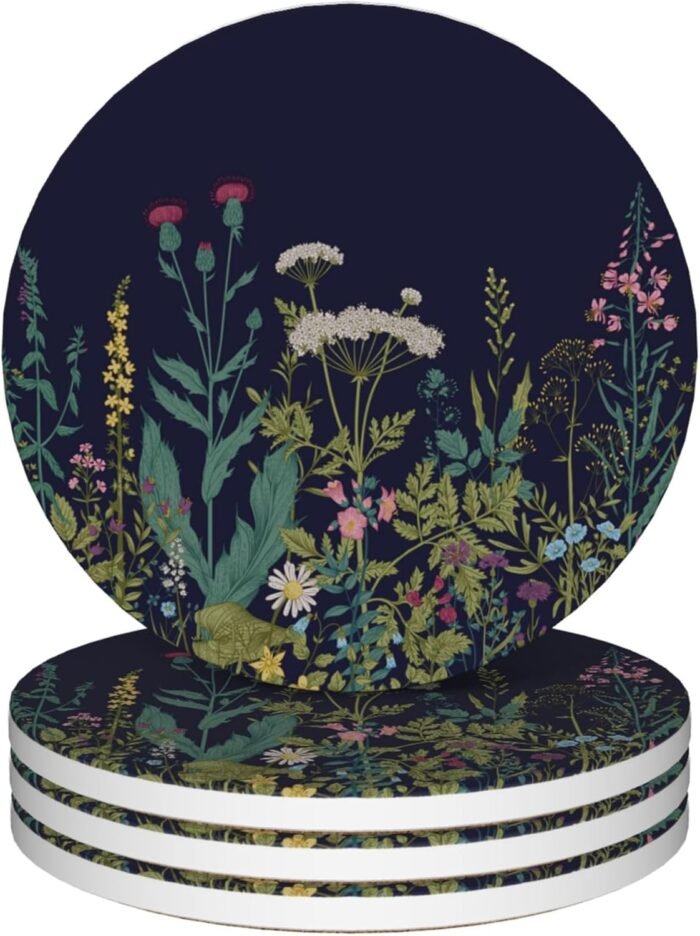 Coasters for Drinks, Set of 4 Absorbent Ceramic Coasters, Wild Flowers Herbs Bot... - Image 2