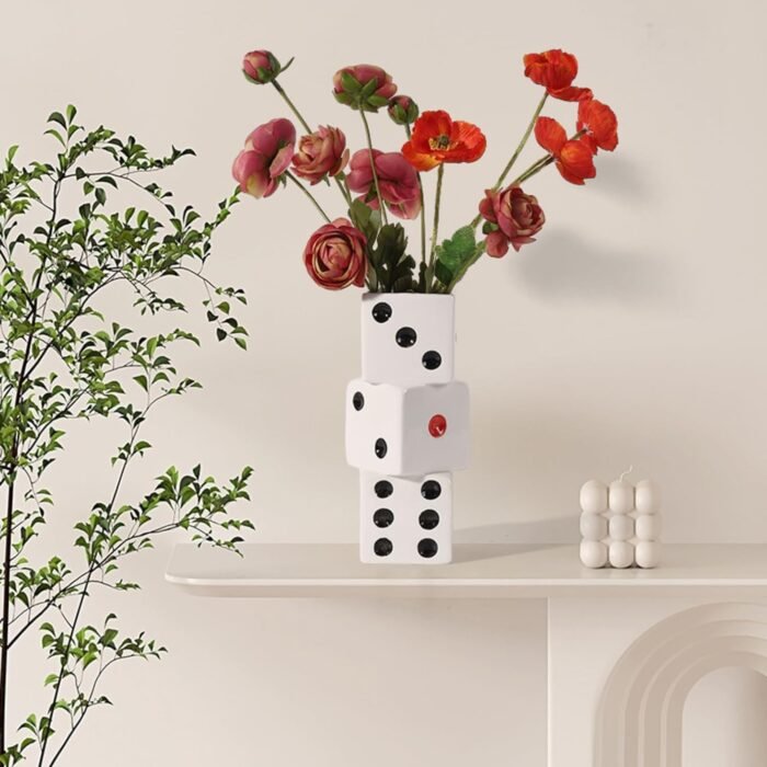 Dice Vase White Ceramic Vase for Home Decor, 8 Inch Unique Flower Vase，Black and... - Image 2