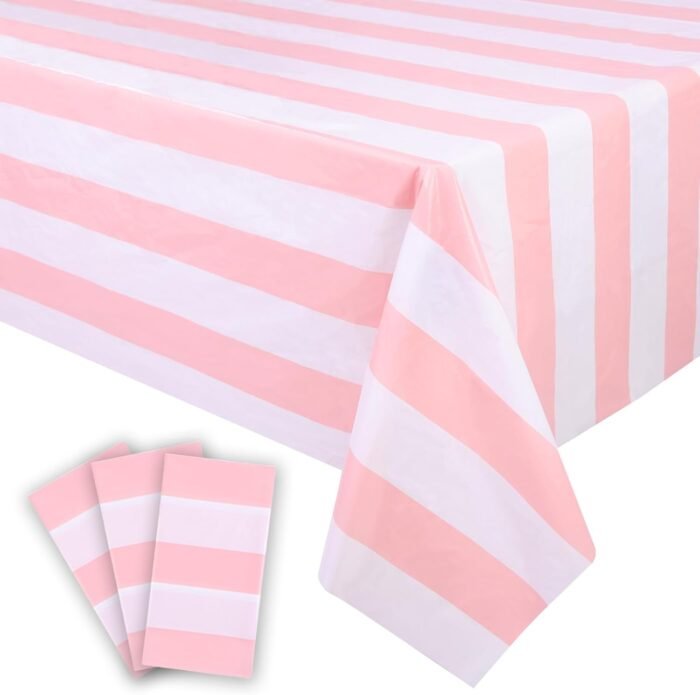 Kesfey 3 Packs Pink and White Vertical Striped Tablecloth 54 x 108 Inch Pink Str... - Image 2