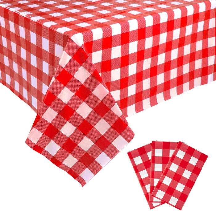 Kesfey Red and White Checkered Tablecloths 3 Packs Red Gingham Plastic Table Clo... - Image 2