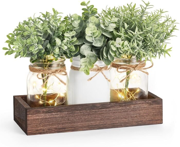 Mkono Mason Jar Table Centerpiece for Dining Room Farmhouse Decor with Wood Tray... - Image 2