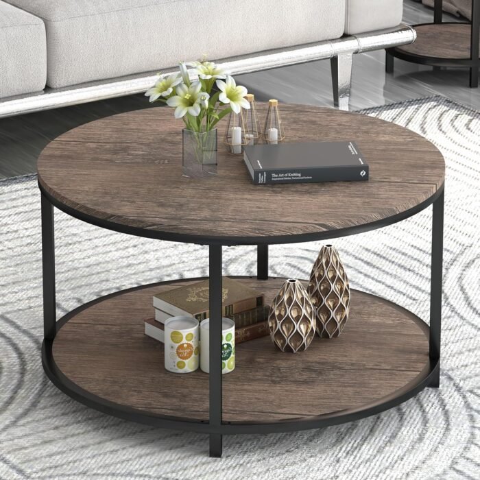 NSdirect Round Coffee Table, 27.5" Small Coffee Table for Living Room,2-Tier Rus... - Image 2