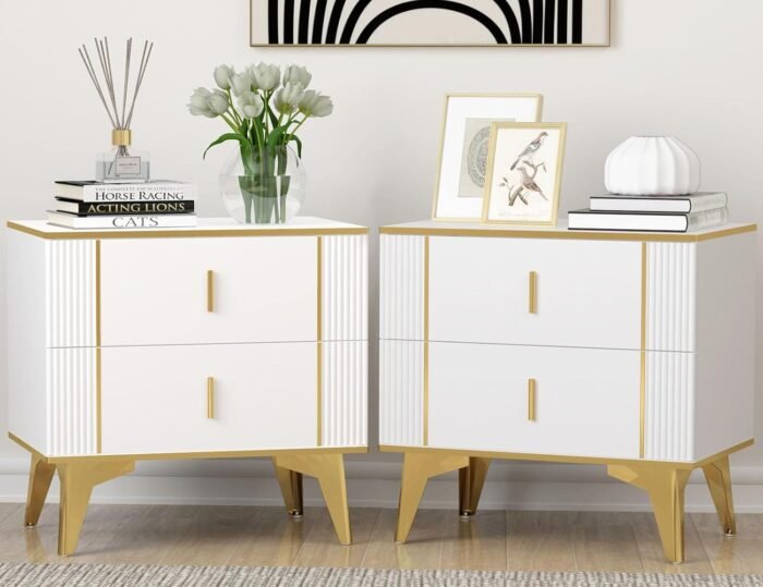 Nightstands Set of 2, Wood Bedside Table with 2 Drawers, End Table with Striped ... - Image 2