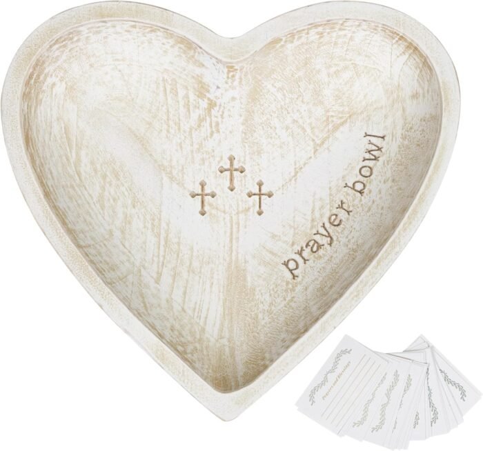 Prayer Bowl with 24 Blessing Cards, Farmhouse Wooden Heart Prayer Bowls with Eng... - Image 2