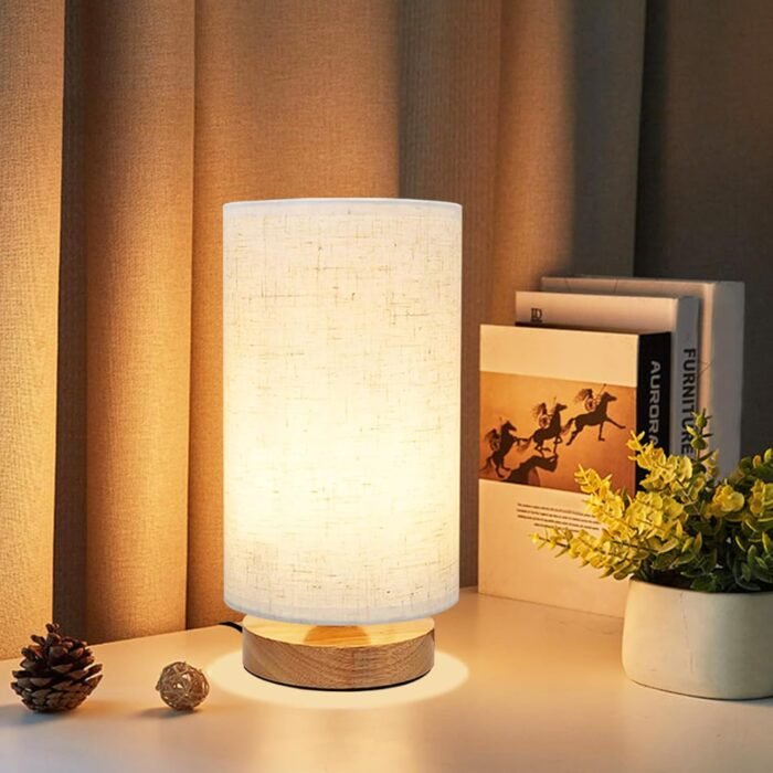 Small Bedside Table Lamp for Bedroom, Minimalist Wood Base & Round Fabric Shade,... - Image 2