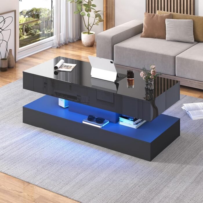 Uspeedy 47.3IN High Glossy LED Coffee Table,Modern Coffee Tables for Living Room... - Image 2
