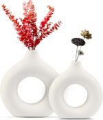 White Ceramic Vase Set of 2, Modern Vases for Centerpieces, Round Matte Donut Va... - Image 2