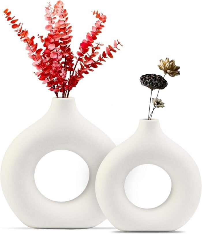 White Ceramic Vase Set of 2, Modern Vases for Centerpieces, Round Matte Donut Va... - Image 2