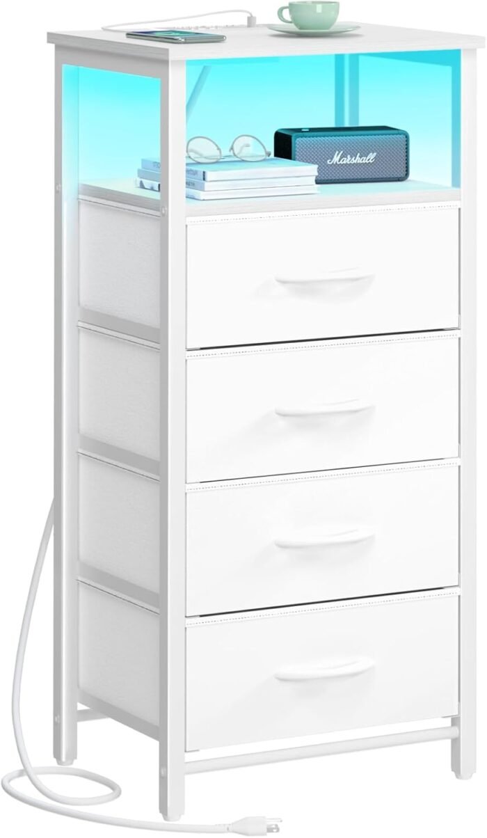 Yoobure Night Stand - LED White Nightstand with Charging Station, Bedside Table ... - Image 2
