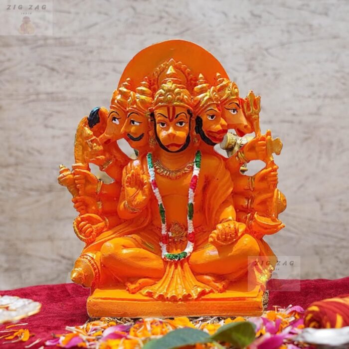 Zig Zag Lord Panchmukhi Hanuman ji Murti/Statue Orange Sankat Mochan Polyresin I... - Image 2