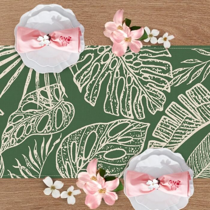 Spring Summer Tropical Plant Table Runner, Green Palm Leaves Monstera Kitchen Di... - Image 5