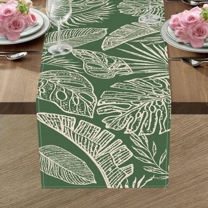 Spring Summer Tropical Plant Table Runner, Green Palm Leaves Monstera Kitchen Di... - Image 6