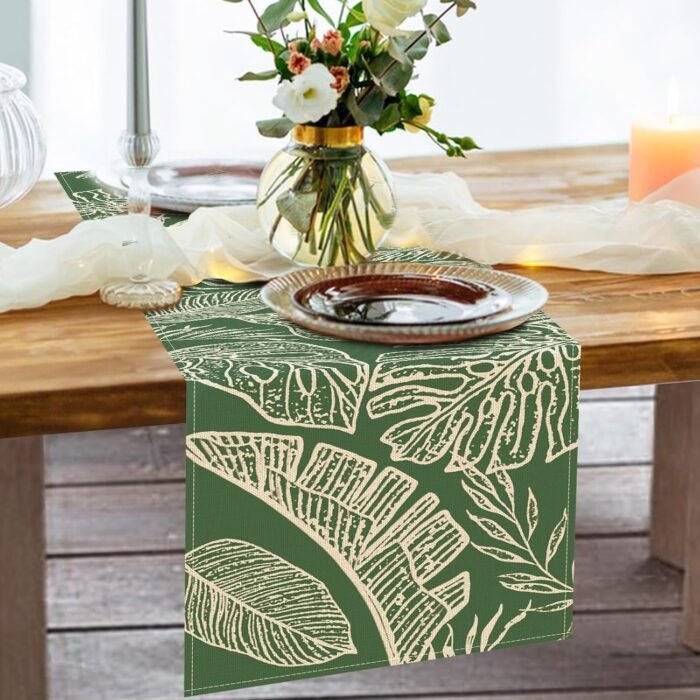 Spring Summer Tropical Plant Table Runner, Green Palm Leaves Monstera Kitchen Di... - Image 7