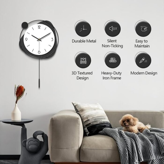 Modern Wall Clock with Swinging Pendulum, Silent Non-Ticking Battery Operated 12... - Image 4
