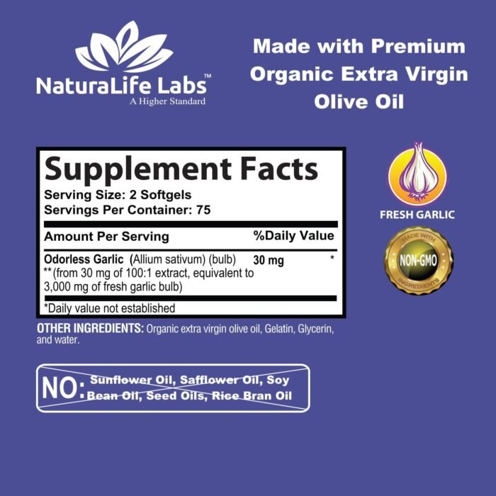 NaturaLife Labs A Higher Standard Odorless Garlic 3000 mg per Serving Immune Sys... - Image 3