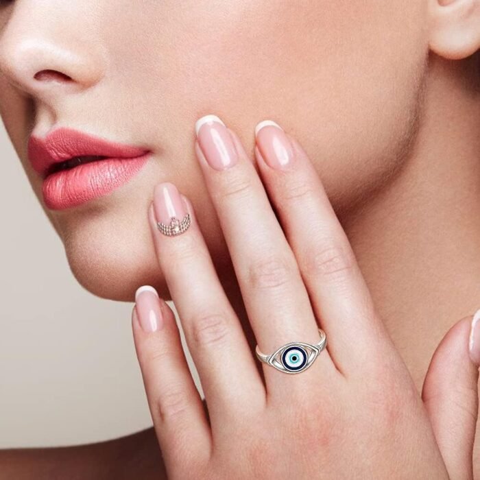 Evil Eye Ring for Women Sterling Silver Blue Spiritual All Seeing Turkish Evil E... - Image 3