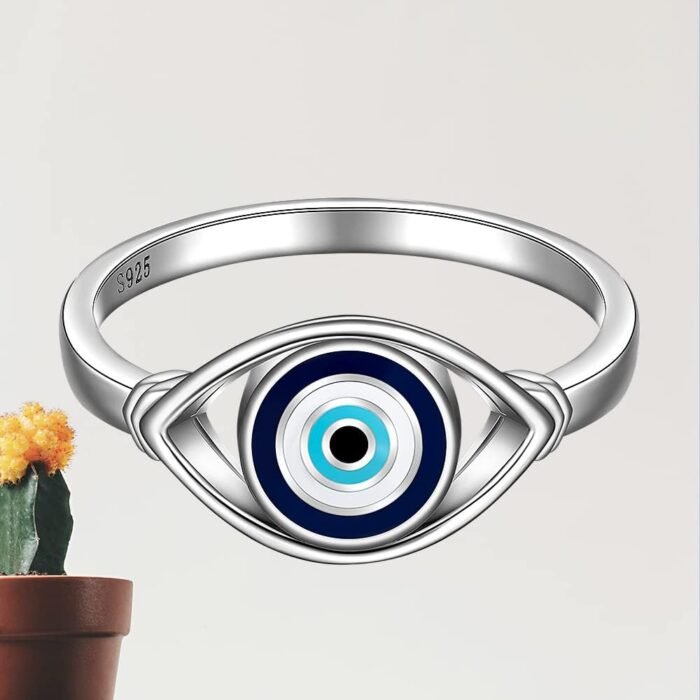 Evil Eye Ring for Women Sterling Silver Blue Spiritual All Seeing Turkish Evil E... - Image 7