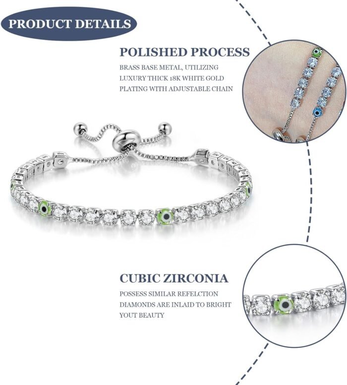 Silver Bracelets for Women, Dainty Evil Eye Bracelets Adjustable Lucky Amulet Ch... - Image 3