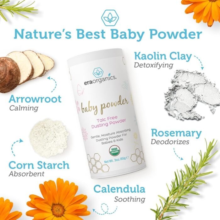 Era Organics Talc-Free Organic Baby Powder - USDA Organic Dusting Powder with Ar... - Image 3