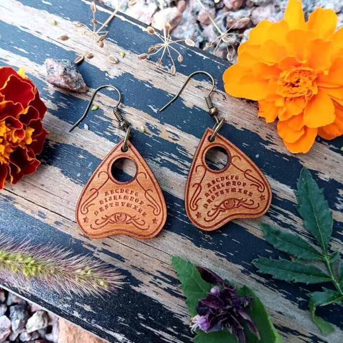 Spirit Board Planchette Dangle Earrings, Hypoallergenic Nickel Free Wooden Witch... - Image 3