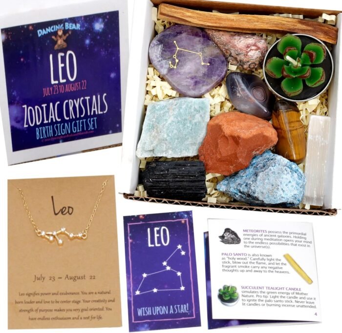 DANCING BEAR Leo Zodiac Healing Crystals Gift Set (14 Pc): 9 Stones, 18K Gold-Pl... - Image 2