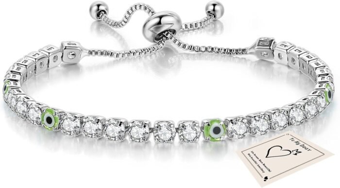 Silver Bracelets for Women, Dainty Evil Eye Bracelets Adjustable Lucky Amulet Ch... - Image 2