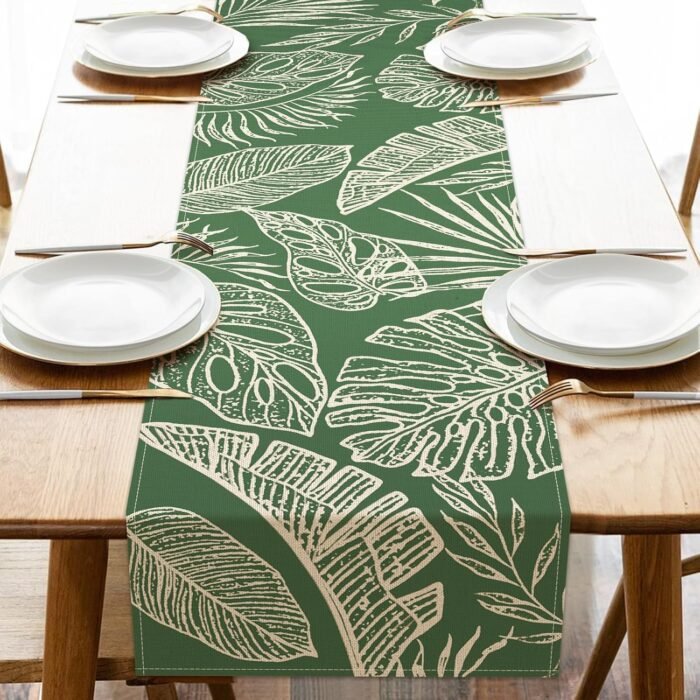 Spring Summer Tropical Plant Table Runner, Green Palm Leaves Monstera Kitchen Di... - Image 2