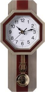 Traditional Beige Round Wood- Looking Pendulum Plastic Wall Clock for Living Roo... - Image 2