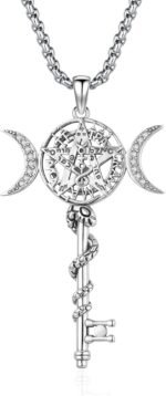 Hecate Key Necklace Hekate Triple Moon Goddess Pentagram Wheel Key Pendant 925 S... - Image 2