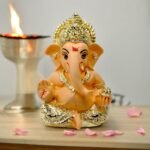India Gold Plated Ceramic Pagdi Ganesh Idol Elegant Handcrafted Hindu God Statue... - Image 2