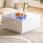 Merax Square Coffee Table with 5mm Frosted Tempered Glass Top, White Modern Cent... - Image 2