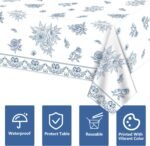 4 Pcs Blue and White Floral Tablecloths, Rectangular Flower Table Cover, Blue Wh... - Image 5